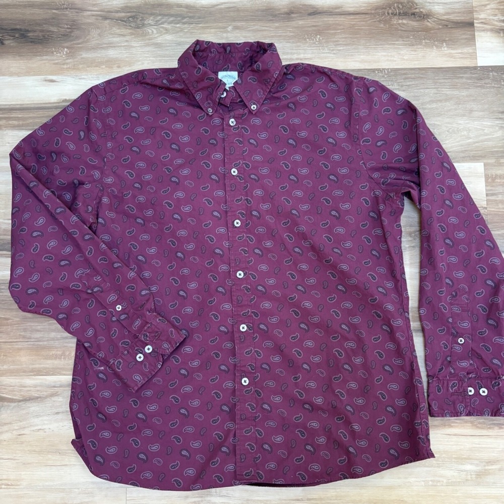 Brooks Brothers Button Down Mens L Paisley Cotton Regent Fit Burgundy Heritage
